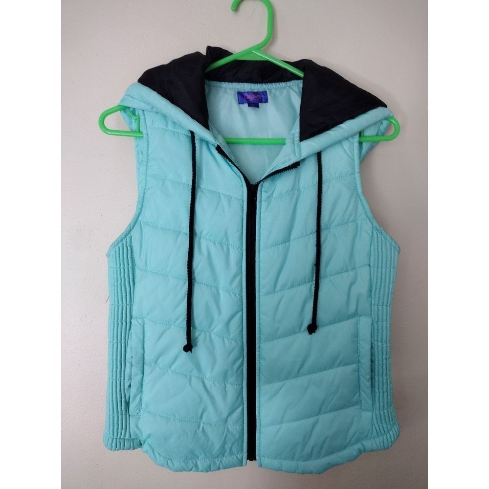 City Streets Quilted Hooded Vest‎ Teal Blue Black Zip Up Women's Size S